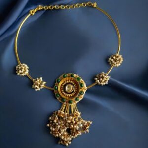 Gold Plated Traditional Necklace with Green Stones & Pearl Clusters