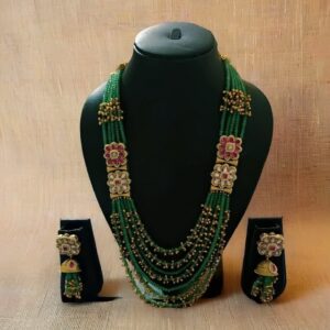 Green Beaded Multi-Layer Necklace Set with Kundan Work & Jhumka Earrings