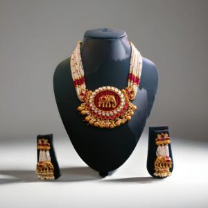 Traditional Elephant Motif Temple Necklace Set with Pearls & Earrings