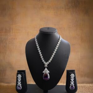 Silver-Plated Necklace & Earrings Set with Purple Stone Pendant