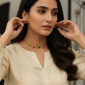 Elegant Red & Green Stone Choker Necklace Set