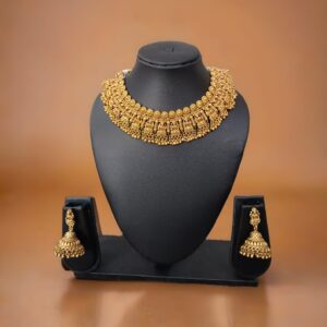 Antique Gold-Plated Temple Design Necklace Set with Jhumkas